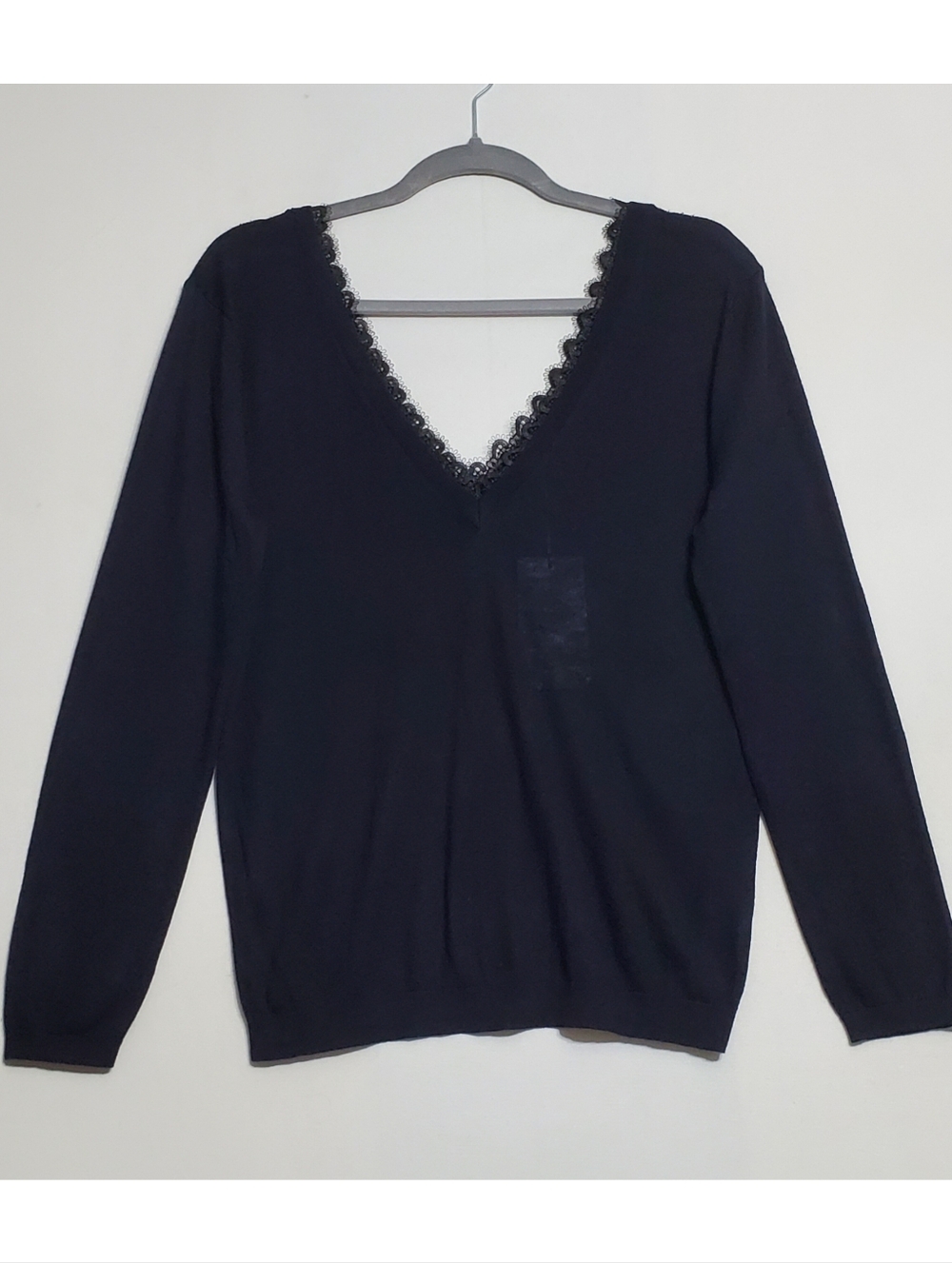 NWT Zara large wool blend knit v neck sweater navy lace lightweight long sleeves